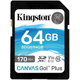 მეხსიერების ბარათი Kingston SDG3/64GB 64GB SDXC C10 UHS-I U3 R170/W70MB/s Canvas Go Plus